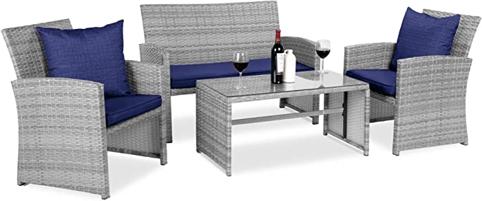Best Choice Products 4-Piece Wicker Patio Conversation Furniture Set w/ 4 Seats, Tempered Glass Tabletop - Gray Wicker/Navy Cushions
