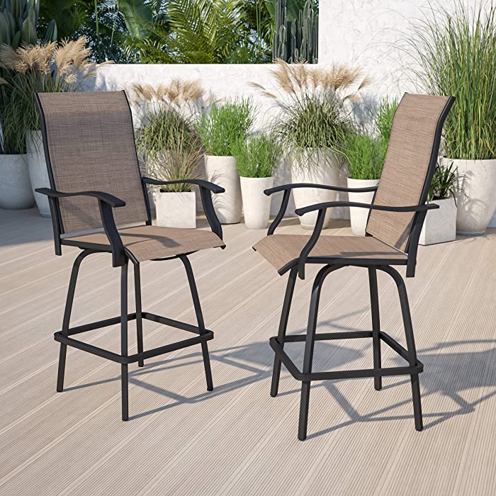 Flash Furniture Patio Bar Height Stools Set of 2, All-Weather Textilene Swivel Patio Stools and Deck Chairs with High Back and Armrests in Brown
