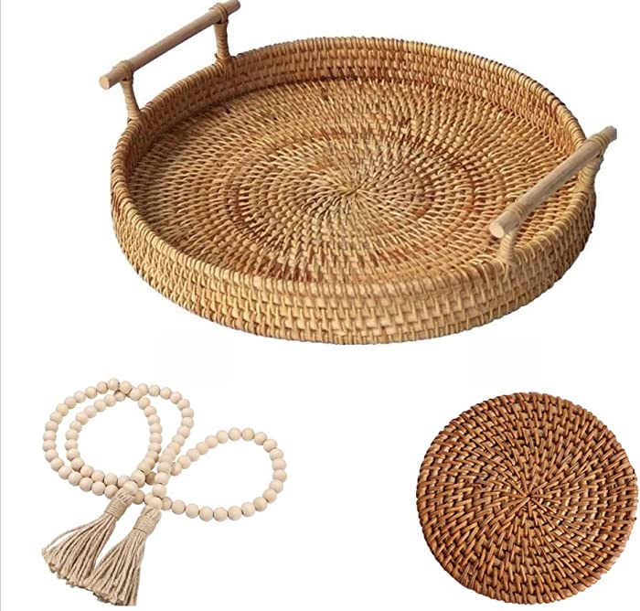 Coffee Table Decorative Tray | Hand Woven, Wicker Serving Tray with Handles | Rattan Tray Basket | Drink, Ottoman Tray | Wooden Round Tray | Boho Farmhouse Decor | for Living Room - Circle, 11 inch