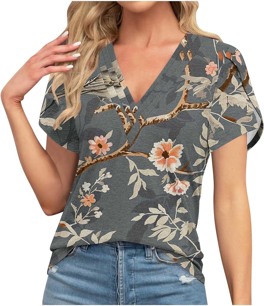 Womens Summer Shirts Fashion 2024 Sexy V Neck Tshirt Petal Sleeve Casual Loose Petite Length Cute Top