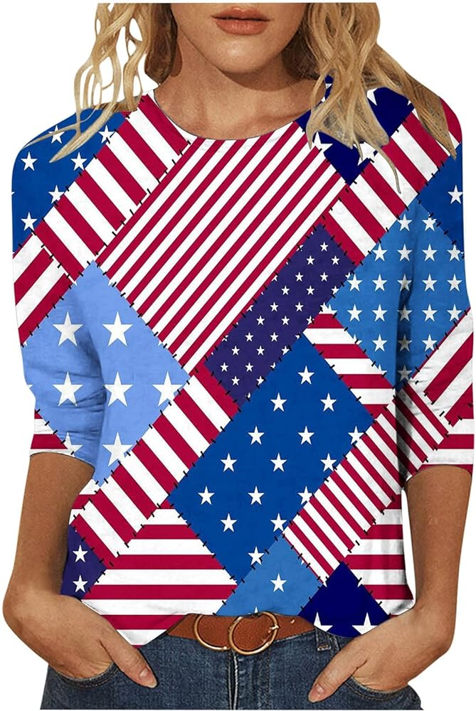 4th of July Shirts for Women 3/4 Sleeve 2024 Trendy Stars and Stripes Tops Dressy Casual Summer Going Out Clothes