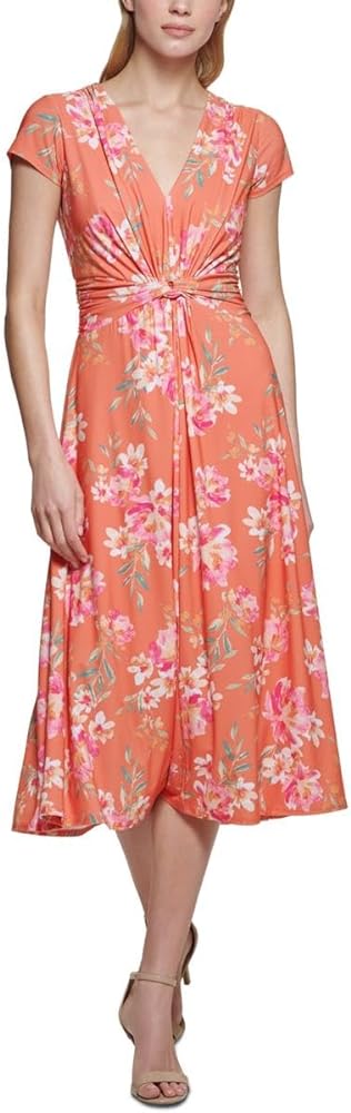 Vince Camuto Womens Floral-Print Twist-Front Midi Dress