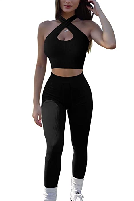 QINSEN Workout Sets for Women 2 Piece Seamless Ribbed High Waist Legging with Spor Bra GMY Exercise Outfits
