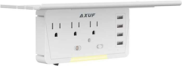 Outlet Shelf - AXUF Surge Protector Wall Outlet, Electrical Outlet Extenders & 4 USB Charging Ports, with Removable Built-in Shelf and Smart Night Light (3AC Outlet)
