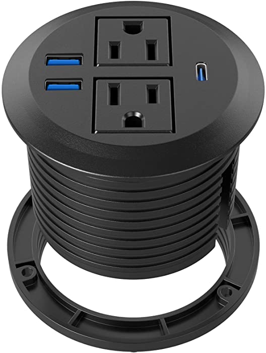 Desktop Power Grommet with USB-C,Recessed Power Socket with 2 AC Outlets,Flush-Mount Power Grommet with 3 USB Charging Ports