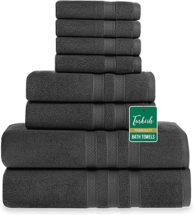 Turkish Bath Towel Set for Bathroom 650 GSM Double Stitched Edges & Double Piles, Include 2 Hand Towels for Bathroom, 4 washcloths for face & 2 Luxury Bathroom Towels Set for Bath 8-Pack, Grey