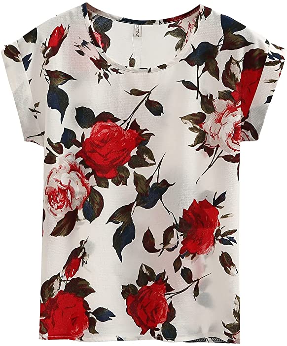 Women's Round Neck Rolled Short Sleeve Summer Chiffon Blouses Boho Floral Leaf Printed T-Shirt Casual Loose Fit Shirts