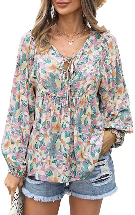 SNKSDGM Womens Casual Boho Floral Print V Neck Long Sleeve Loose Blouses Shirts Summer Babydoll Peplum Tops with Drawstring