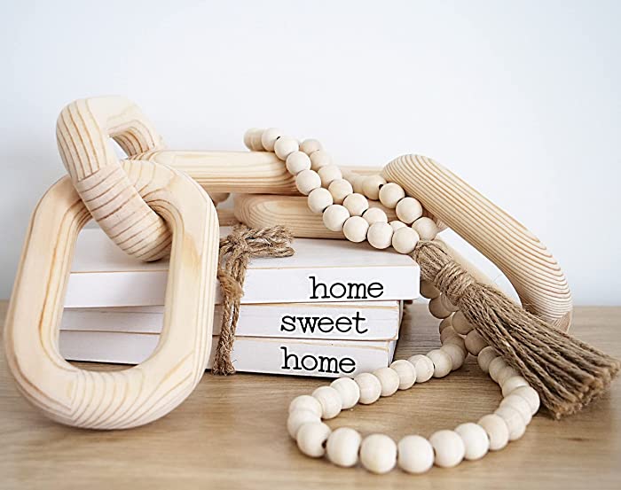 Modern 5th - Boho Home Decor Set, Farmhouse Wood Bead Garland 58inch, 5 Link Wood Chain, White Rustic Wood Stack of 3 Faux Books with Home Sweet Home, Bless Our Home, Decorative Living Room, Bookshelf