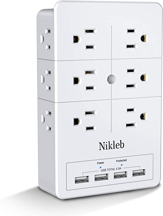 Multi Plug Outlet Surge Protector Nikleb, 12 Electrical Outlet Extender 3 Sided, Wall Outlet with 4 USB Charging Ports Total 4.8A, Plug Adapter 3 Prong, Charging Station Block Wall Mount Low Profile