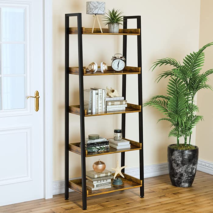 ASTARTH Ladder Bookshelf-5 Tier Bookshelves w/ Open Shelf for Storage, Industrial Bookcases & Tall Ladder Shelf-Metal Frame for Bedroom, Living Room, Kitchen-67.3'' H, Easy Assembly, Rustic Brown
