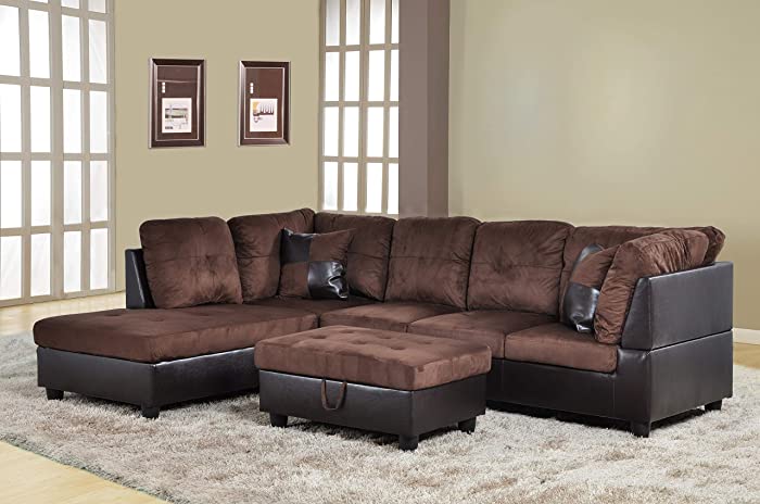 A Ainehome 3 PCS Sectional Sofa Set, L-Shaped Sectional Couch 103" W for Living Room, with Storage Ottoman and Matching Pillows (Left Hand Facing, Chocolate)