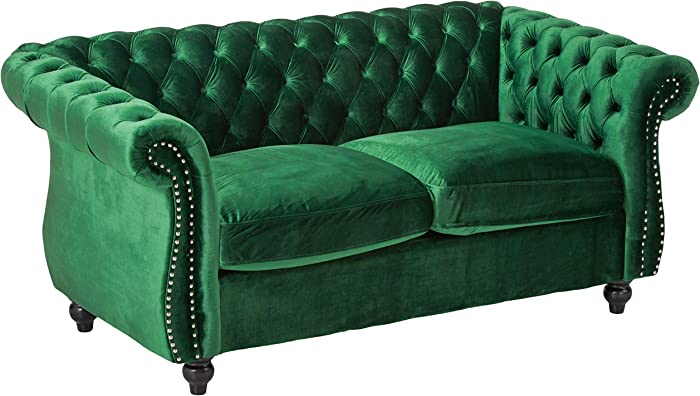 GDFStudio Christopher Knight Home Karen Traditional Chesterfield Loveseat Sofa, Emerald and Dark Brown, 61.75 x 33.75 x 27.75