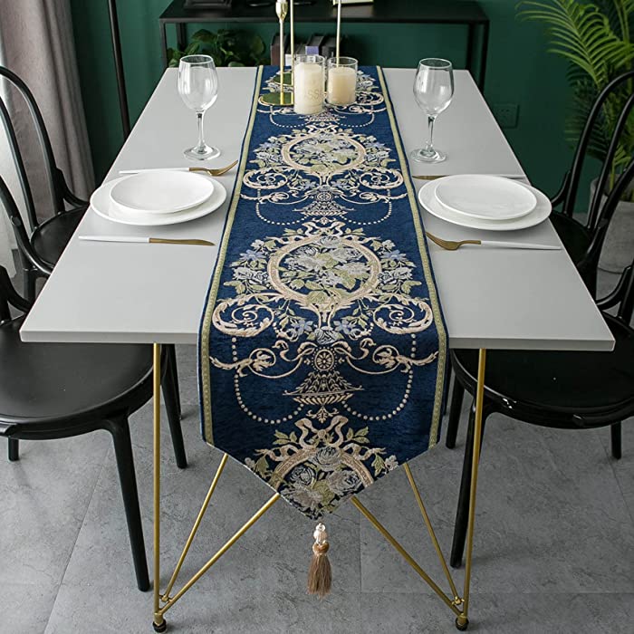Micafael Modern Pattern Table Runners Home Dining Runner Dresser Tablecloths Kitchen Coffee Decoratio with Handmade Tassels Anti-Slip & Anti-Wrinkle( Flower-Navy Blue ,14x108 inch ), 14''x108''