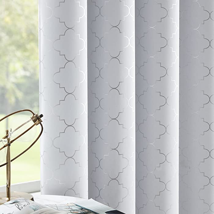 100% Full Blackout Curtains Thermal Insulated Drapes 84 Inch Long for Bedroom, White Drapery with Silver Geometric Pattern Room Darkening Grommet Window Curtain for Living Room, 2 Panels