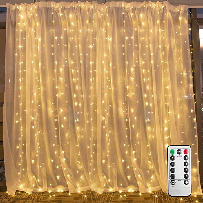 Hanging Window Curtain Lights 9.8 Feet Dimmable and Connectable with 300 Led, Remote, 8 Lighting Modes, Timer for Bedroom Wall Party Indoor Outdoor Decor, Warm White (Curtain Is Not Included)