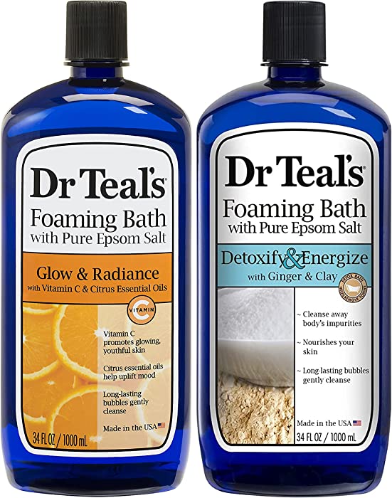 Dr Teal's Foaming Bath Combo Pack (68 fl oz Total), Glow & Radiance with Vitamin C & Citrus Essential Oils, and Detoxify & Energize with Ginger & Clay. Treat Your Skin, Your Senses, and Your Stress.