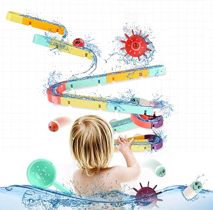 ELOT 44PCS Kids Bath Toys Slide Splash Water Ball Track Stick to Wall Bathtub Toy for Toddlers DIY Waterfall Pipe and Tubes Tub Toys with Suction Wheels Gift for Boys Girls Age 2-8