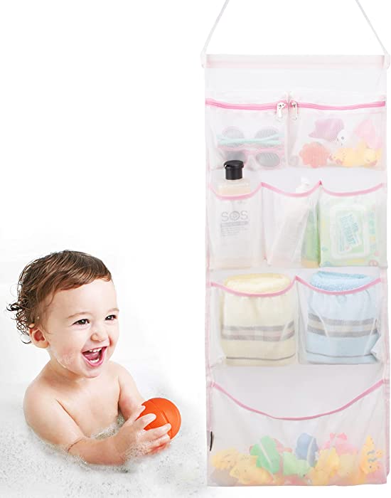 KISLANE Bath Toy Organizer with 8 Pockets for Baby, Hanging Baby Bath Toy Organizer for Quick Dry, Large Capacity Baby Bath Toy Holder(Pink)