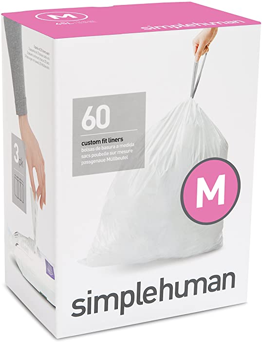 simplehuman Code M Custom Fit Drawstring Trash Bags in Dispenser Packs, 30 Liter / 8 Gallon, White – 60 Liners