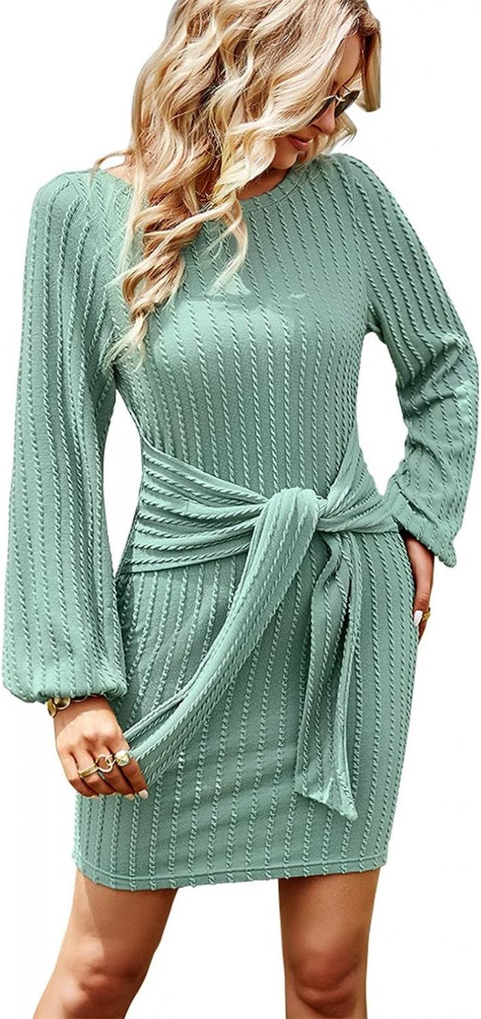 Dresses for Women 2023,O-Neck Long Sleeve Knit Stretchable Elasticity Slim Sweater Bodycons Mini Sweater Dress Cloth