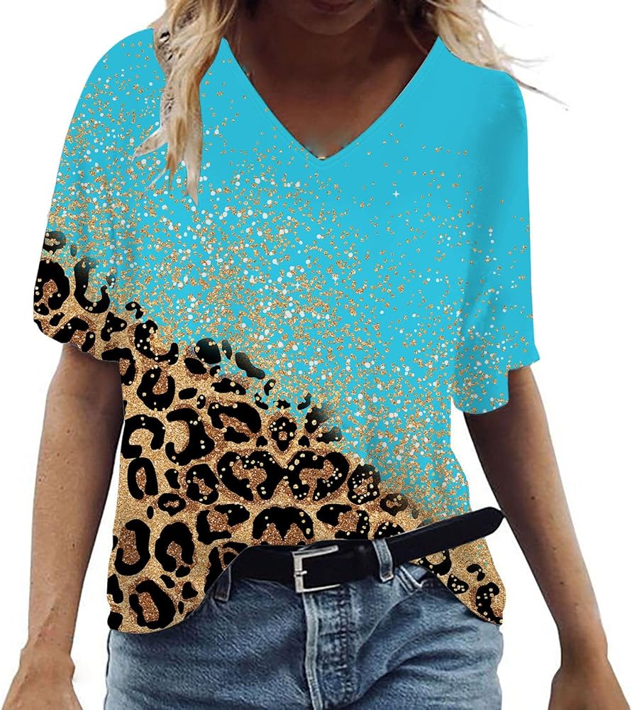 Ceboyel Womens Leopard Print Summer Blouse V Neck Tunic T Shirts Short Sleeve Casual Loose Tee Tops Flowy Ladies Outfits 2023