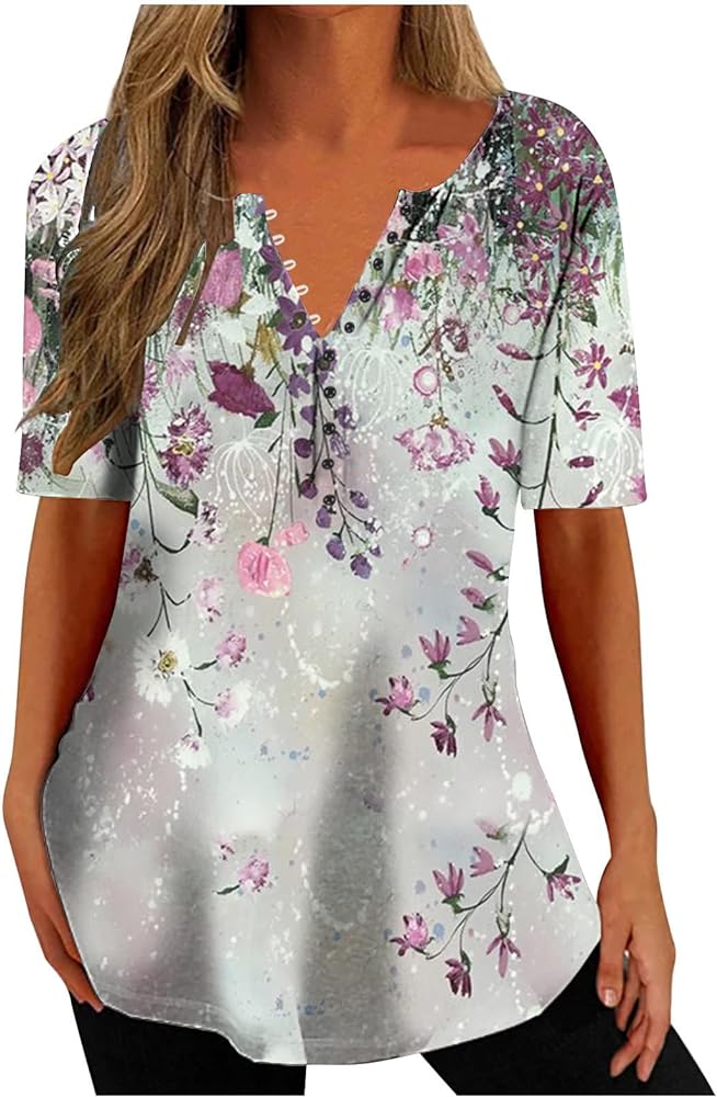 Ceboyel Women Floral Boho Summer Shirts 2023 Short Sleeve Blouses Button Up Henley Tunic Tops Trendy Casual Ladies Clothing