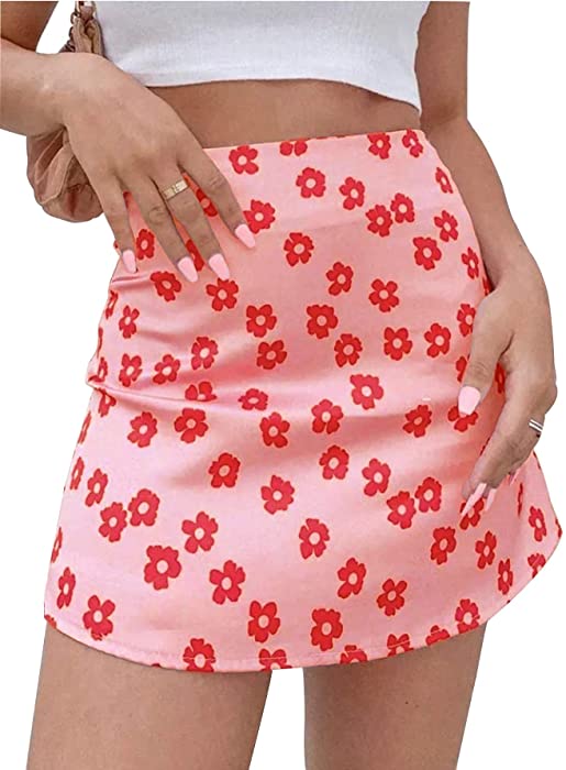 LYANER Women's Casual Floral Print Satin Silk High Waist Zipper Mini Short Skirt