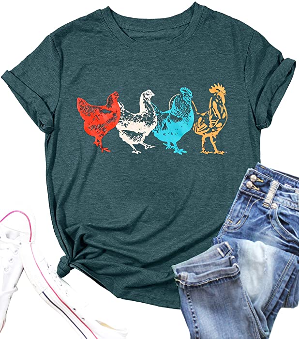 Chicken Shirt for Women Farm Tees Farm Girl T Shirt Funny Chicken Graphic T-Shirt Casual Short Sleeve Tops