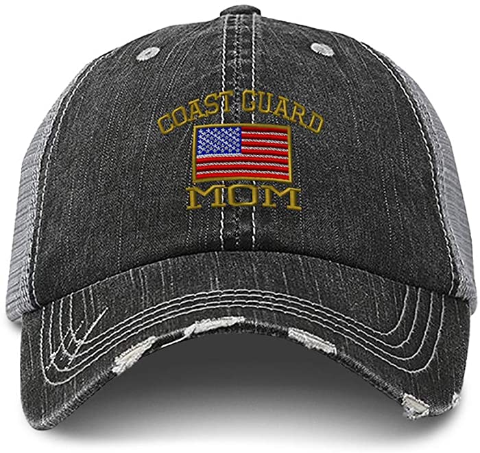 Distressed Trucker Hat American Flag Coast Guard Mom Embroidery for Men & Women Black Gray