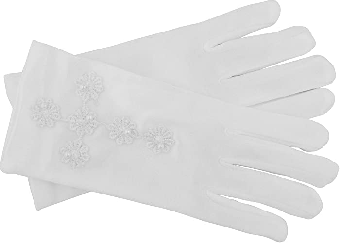 White First Communion Gloves | Elegant Lace Cross Applique with Pearlesque Beads