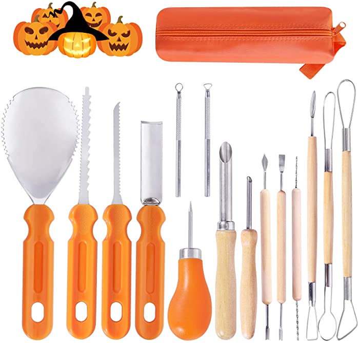 Ginbel Direct Halloween Pumpkin Carving Tool Kit, 15pcs Professional Stainless Steel Pumpkin Cutting Supplies Tools Kit for Halloween Decoration Jack-O-Lanterns