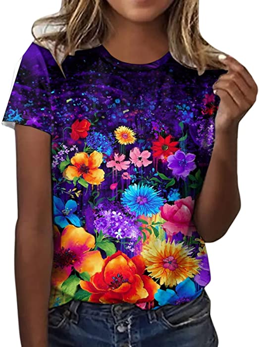 Womens T-Shirt Casual Dressy Floral Printed Short Sleeve Funny Graphic Tee Shirts Summer Cute Loose Blouse Tops