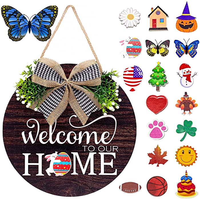 Interchangeable Seasonal Welcome Sign Wreath for Front Door - Upgraded Front Porch Decor Signs in Round Solid Wood with Greenery,Bow and 16 Seasonal Signs for Farmhouse Door Decoration,New Home Housewarming Gift(12 Inches)
