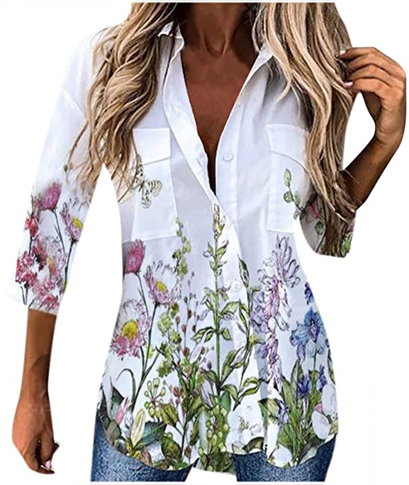 5665 Women Hawaii Button-Down Shirts, 3/4 Sleeves Casual Blouse High Low Side Slit V-Neck Beach Pockets T-Shirt Tunic Tops
