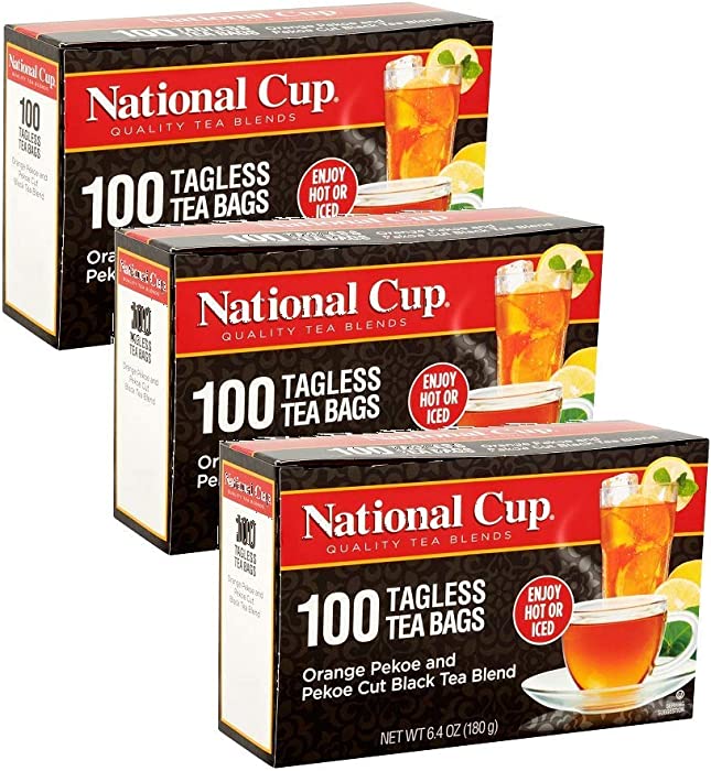 National Cup, Tagless Orange Pekoe and Pekoe Cut Black Tea Blend, Tea Bags, 100 Ct, Pack of 3