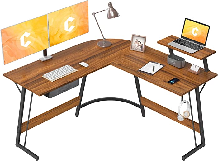 CubiCubi L Shaped Gaming Desk, 51.2" Home Office Gaming Desk, Corner Desk with Large Monitor Stand, Non-Woven Drawer, Walnut