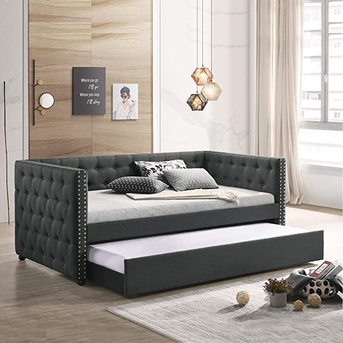 Daybed with A Trundle, HABITRIO Solid Wood Structure Gray Fabric Upholstered Twin Size Day Bed Frame w/Twin Size Roll-Out Trundle, No Box Spring Needed, Furniture for Bedroom, Living Room, Guest Room