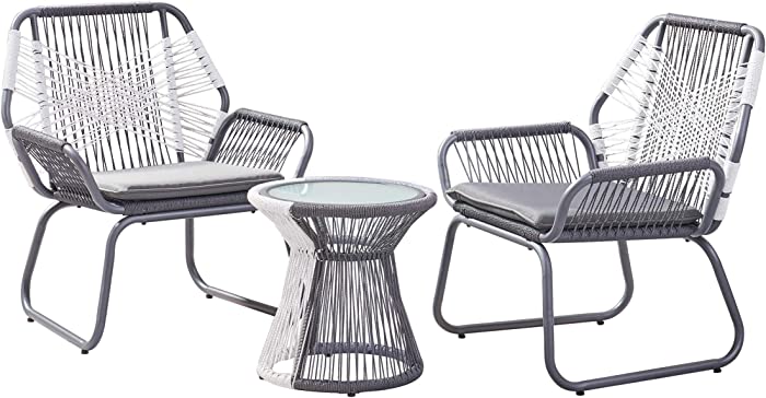 Christopher Knight Home 305239 Ava Outdoor 3 Piece Rope and Steel Chat Set, Finish, Gray/White/Gray