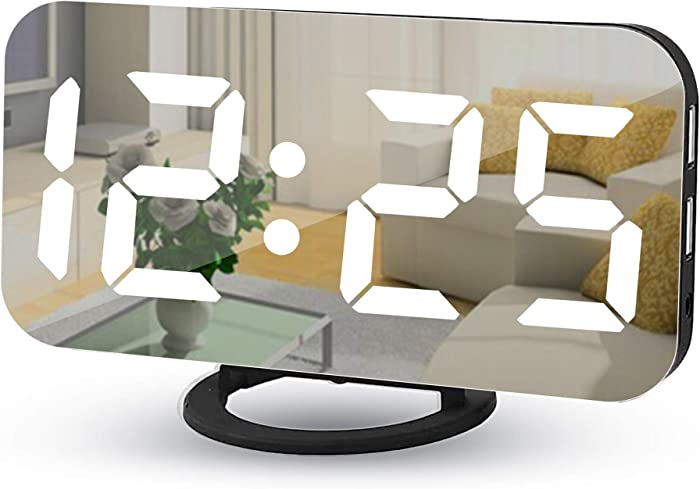 Digital Alarm Clocks,7" LED Mirror Electronic Clock,with 2 USB Charging Ports,Snooze Mode,Auto Adjust Brightness,Modern Desk Wall Clock for Bedroom Living Room Office - Black