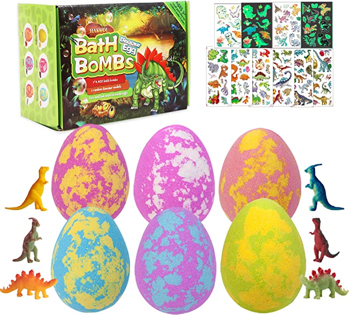 Huge Bath Bombs for Kids with Surprise Inside Dinosaur Eggs Toys 6 XXL Bath Bomb Set, Safe and Gentle Bath Ball Kit Spa Bubble Bath Fizz, Birthday Christmas Easter Gifts for Boys and Girls