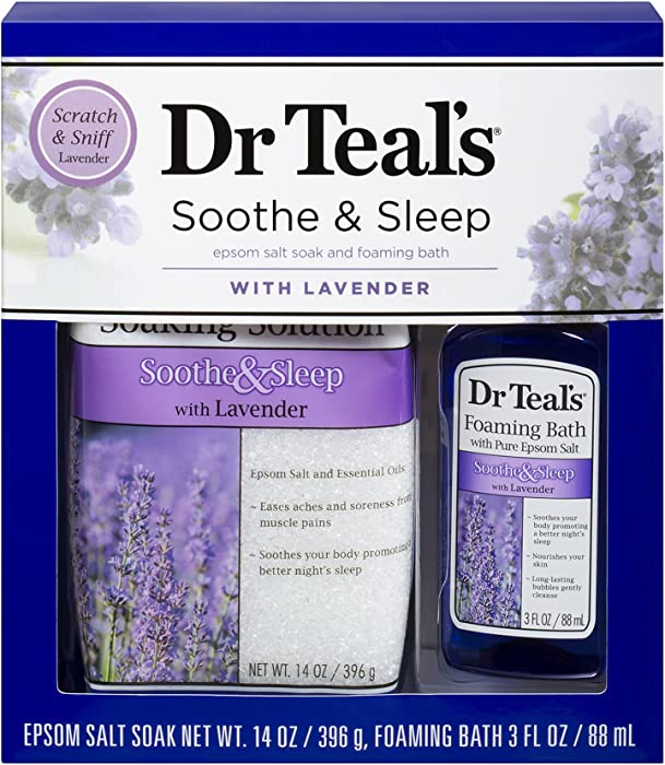 Dr Teal's Lavender Epsom Salt & Foaming Bath Oil Sampler Gift Set 2020 - Give The Gift of Relaxation & Peaceful Slumber! - 14 oz Bag of Lavender Bath Salts & 3 oz Bottle of Lavender Foaming Bath Oil