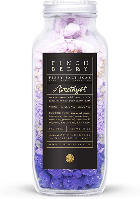 Finchberry Fizzy Bath Salt Soak (Amethyst), Dead Sea Salts with Bath Bomb Effect for Relaxation and to Ease Sore Muscles, Luxury Spa Aromatherapy Soak, 16 oz