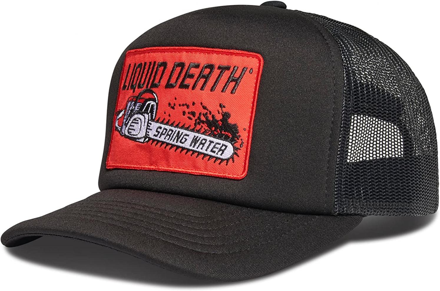 Liquid Death Chainsaw Trucker Hat, Snapback Black