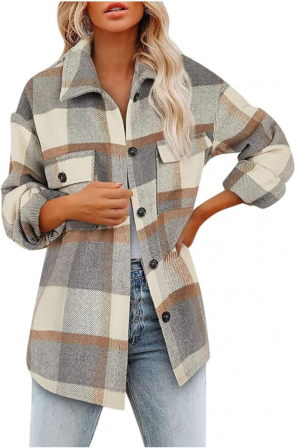 ZCVBOCZ Shacket Jacket Women Casual Plaid Wool Blend Long Sleeve Coat Button Down Pockets Flannel Lapel Jacket