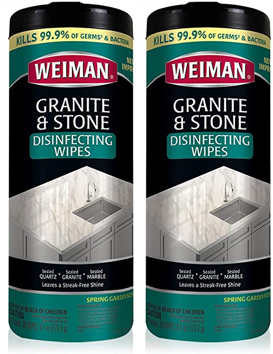 Weiman Granite Disinfectant Wipes - 30 Wipes - 2 Pack - Disinfect Clean and Shine Sealed Granite Marble Quartz Slate Limestone Soapstone Tile Countertops - Packaging May Vary