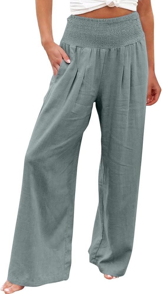 Women Palazzo High Waisted Linen Pants Casual Elastic Waist Wide Leg Pants Trousers Baggy Slacks with Pockets