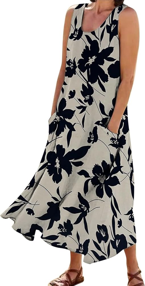 Casual Dresses for Women 2024 Vacation Beach Floral Graphic Tank Dress with Pockets Summer Sleeveless Flowy Long Dress