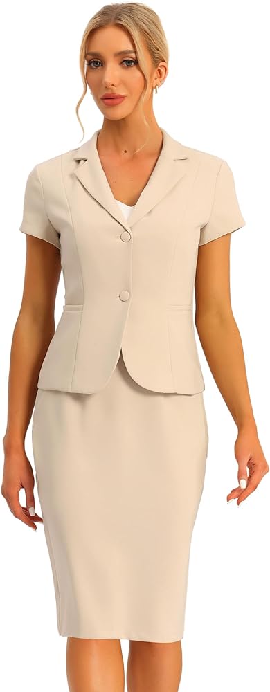 Allegra K Women's Business Skirt Suit Set Work Office Short Sleeve Blazer Jacket Pencil Skirt