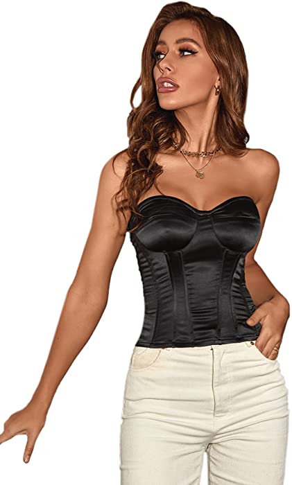 SheIn Women's Zip Backless Strapless Bustier Push Up Vest Ruched Crop Tube Tops